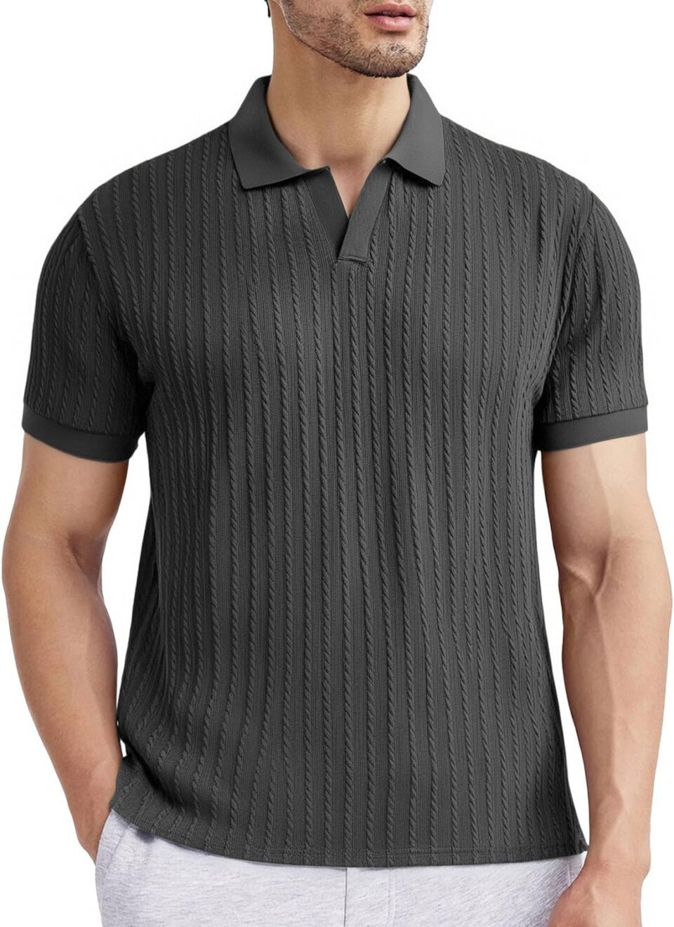 Esabel.C Mens V Neck Jacquard Polo Shirt Stretch Short Sleeve Polo Shirts for Men