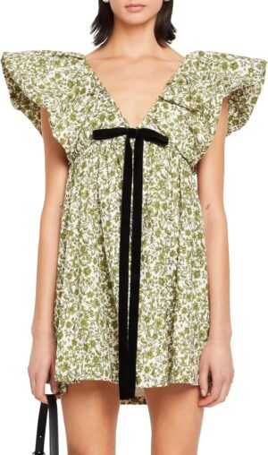 hibshaby Women's Floral Print Mini Dress V Neck Puff Sleeve Dress Short Babydoll Bow Dress