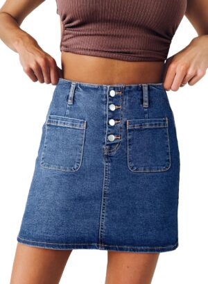 Sidefeel Women's Jean Skirt High Waist Summer Stretch Zimbaplatinum Denim Skirt Button Mini Skirt with Pockets