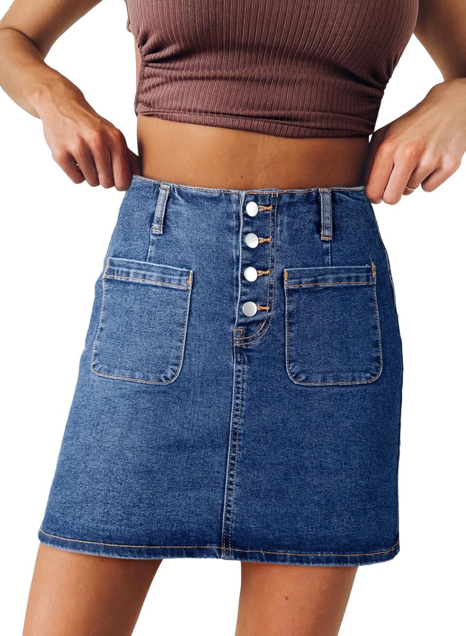 Sidefeel Women's Jean Skirt High Waist Summer Stretch Zimbaplatinum Denim Skirt Button Mini Skirt with Pockets