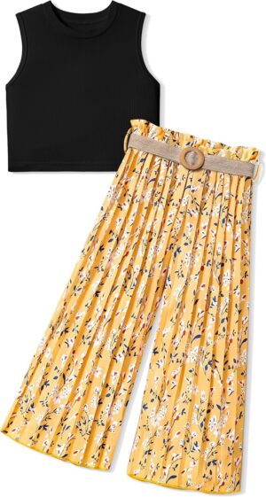 Girls Clothes 6-16Y Kids Clothes Girls Rib Crop Tank Tops + Pleated Wide Leg Pants Girls 2 Piece Summer Outfits