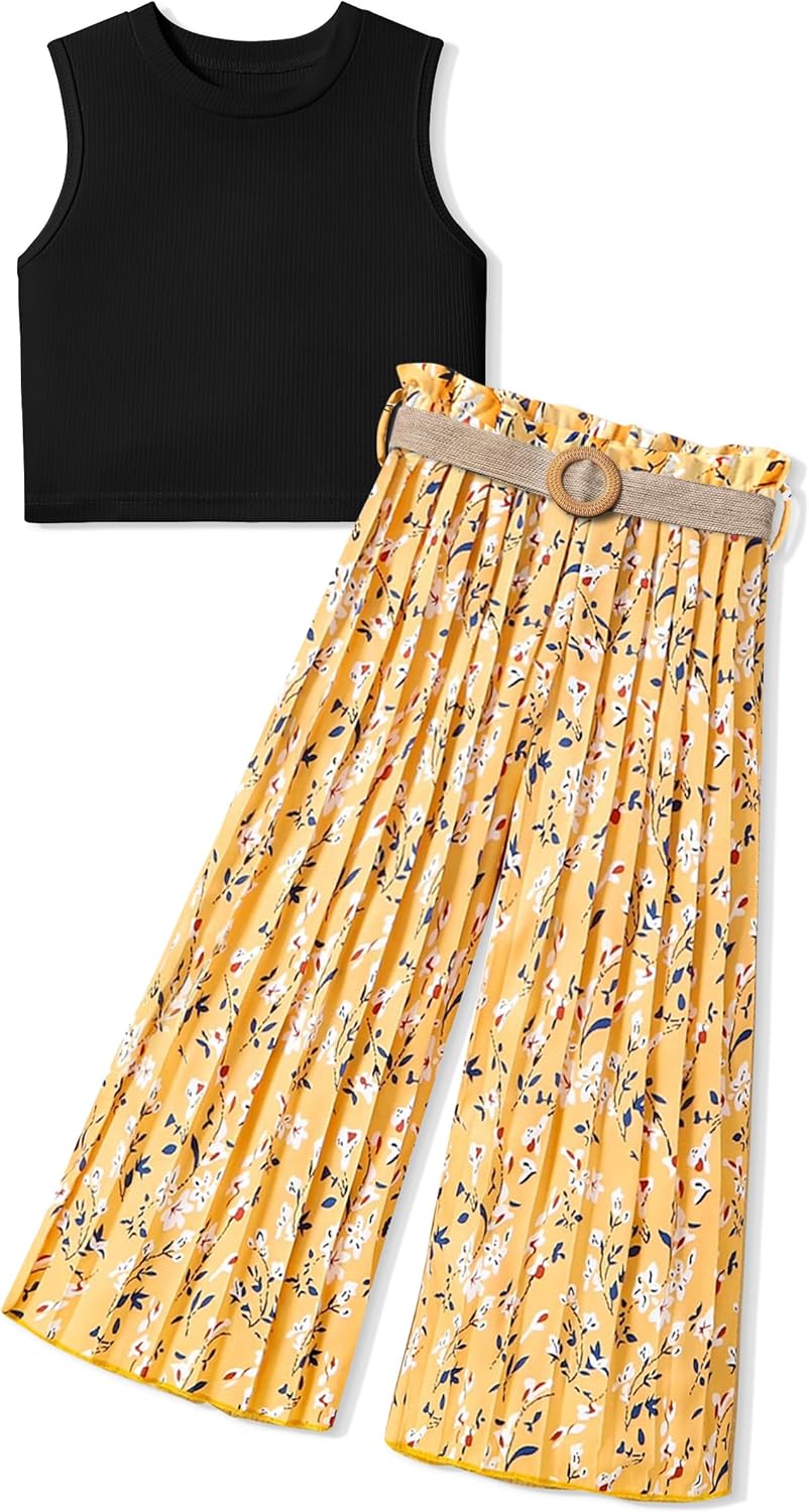 Girls Clothes 6-16Y Kids Clothes Girls Rib Crop Tank Tops + Pleated Wide Leg Pants Girls 2 Piece Summer Outfits