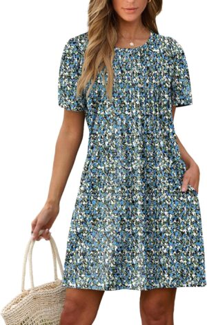 SAMPEEL Womens Pleated Front Summer Dresses Casual Short Sleeve T Shirts Dress with Pockets Vacation Beach Cover Up