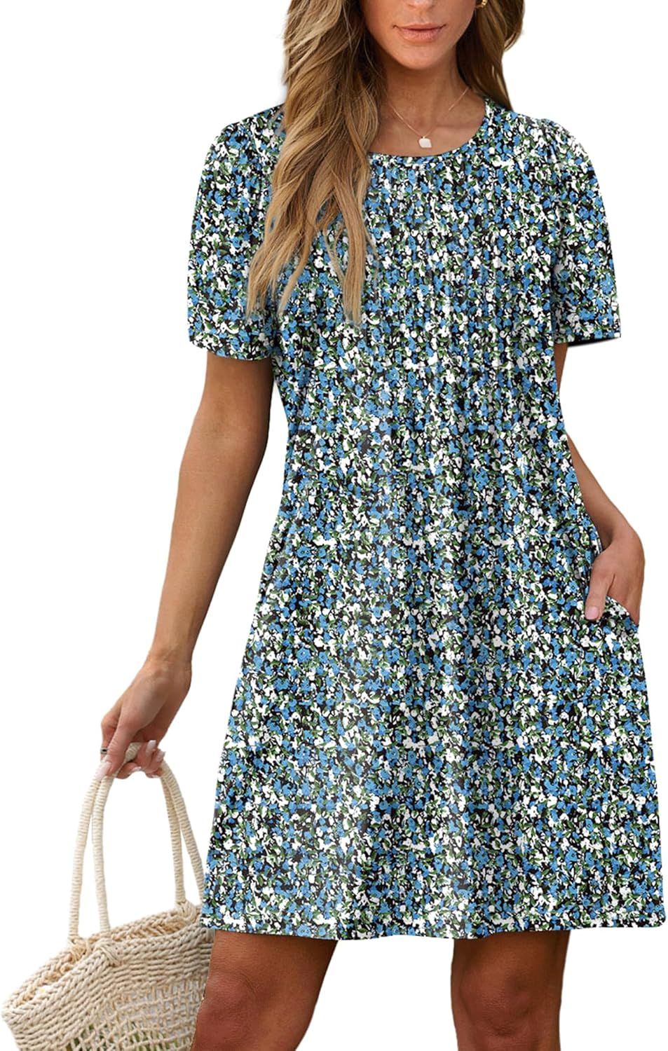 SAMPEEL Womens Pleated Front Summer Dresses Casual Short Sleeve T Shirts Dress with Pockets Vacation Beach Cover Up