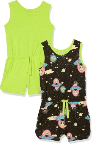 Amazon Essentials Girls and Toddlers' Knit Sleeveless Rompers (Previously Spotted Zebra), Pack of 2