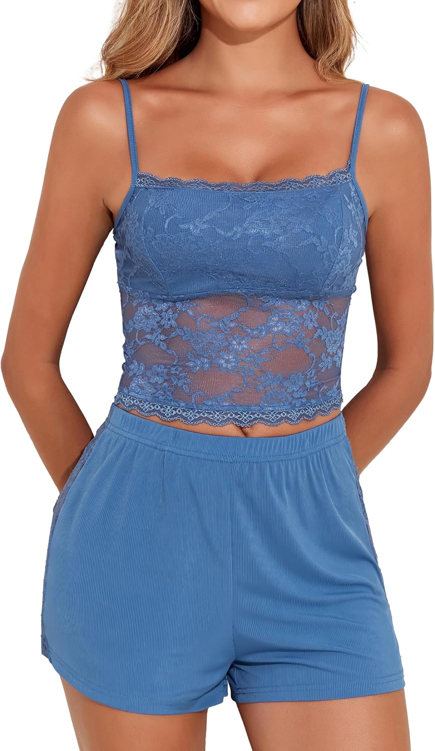 YYA Sexy Lace Pajamas for Women Set Pajama Short Set Cami&Shorts V Neck Night Lingerie Sleepwear, S-XXL