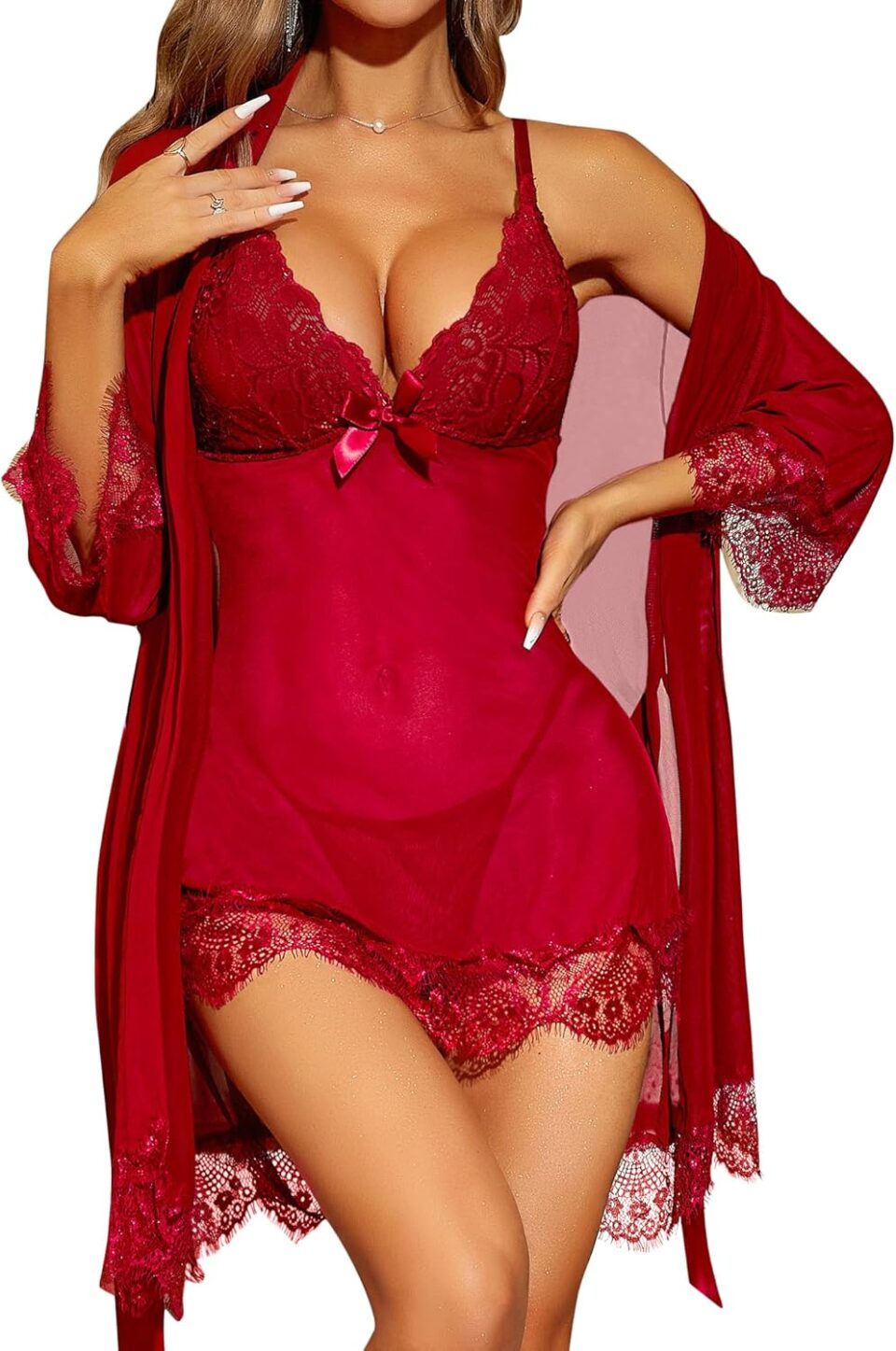 RSLOVE Women Sexy Lingerie Set 3 Piece Babydoll & Lace Kimono Robe Strap Chemise Sleepwear Mesh Nightgown