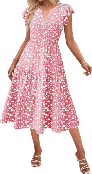 Zeagoo Womens Summer Casual Dresses Ruffle Sleeve V Neck Midi Dress Flowy Tiered Dress with Pockets Boho Sundresses