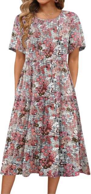 Zeagoo Women's Summer Dress Midi Floral Flutter Short Sleeve Casual Dresses with Pockets Tiered Flowy Boho Beach Dress