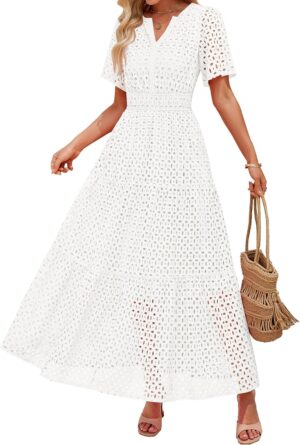 ZESICA Women's 2025 Summer Short Sleeve Maxi Dress Casual V Neck Hollow Out Eyelet Ruffle Swing A Line Long Dresses