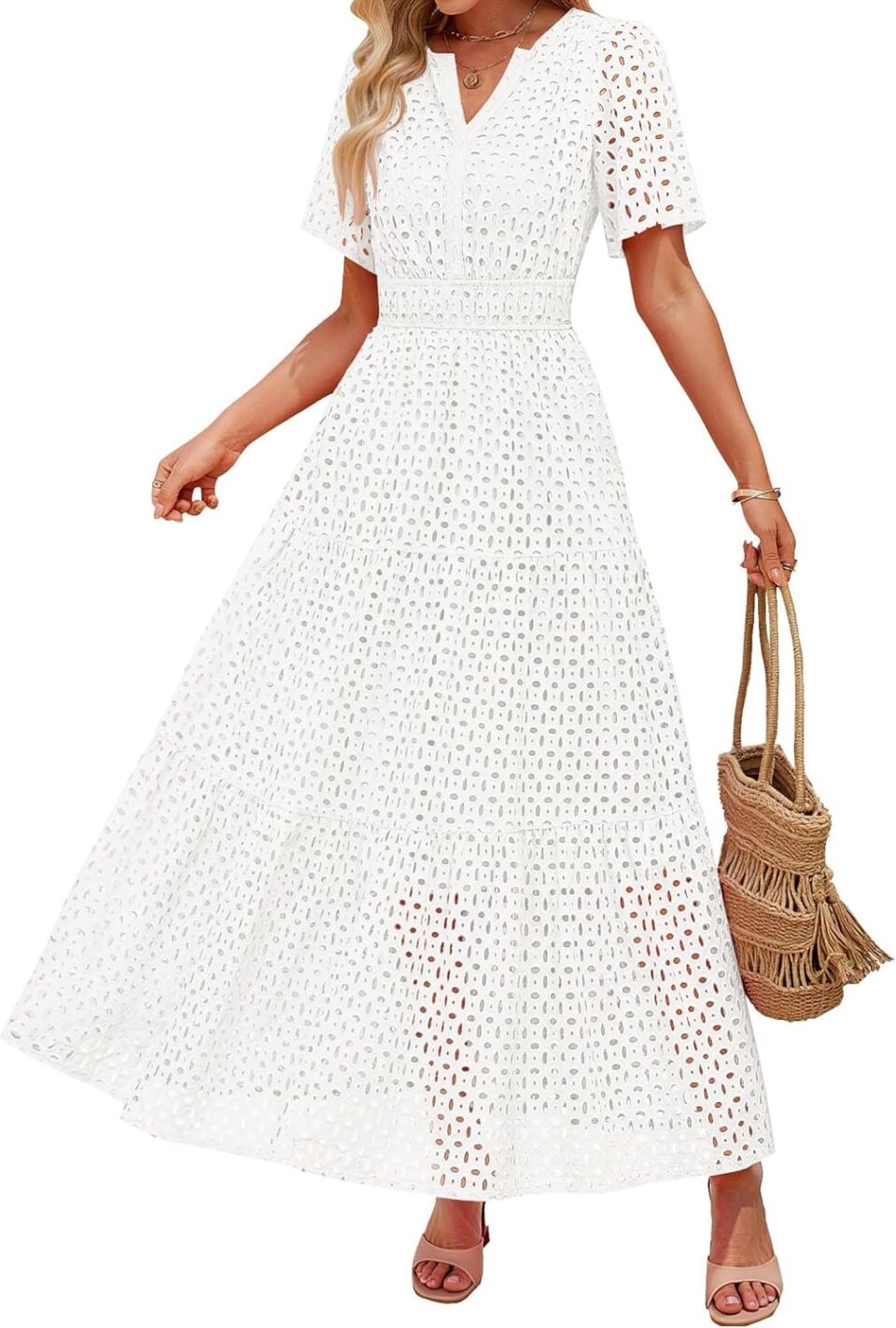 ZESICA Women's 2025 Summer Short Sleeve Maxi Dress Casual V Neck Hollow Out Eyelet Ruffle Swing A Line Long Dresses