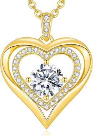 Moissanite Heart Pendant Necklaces for Women, 925 Sterling Silver Gold Plating Lab-Created Gem Necklace Engraved with 'I LOVE YOU', Ideal Anniversary Birthday Christmas Valentine Engagements Mothers Day Jewelry Gifts for Mom Wife Girlfriend Daughter Her
