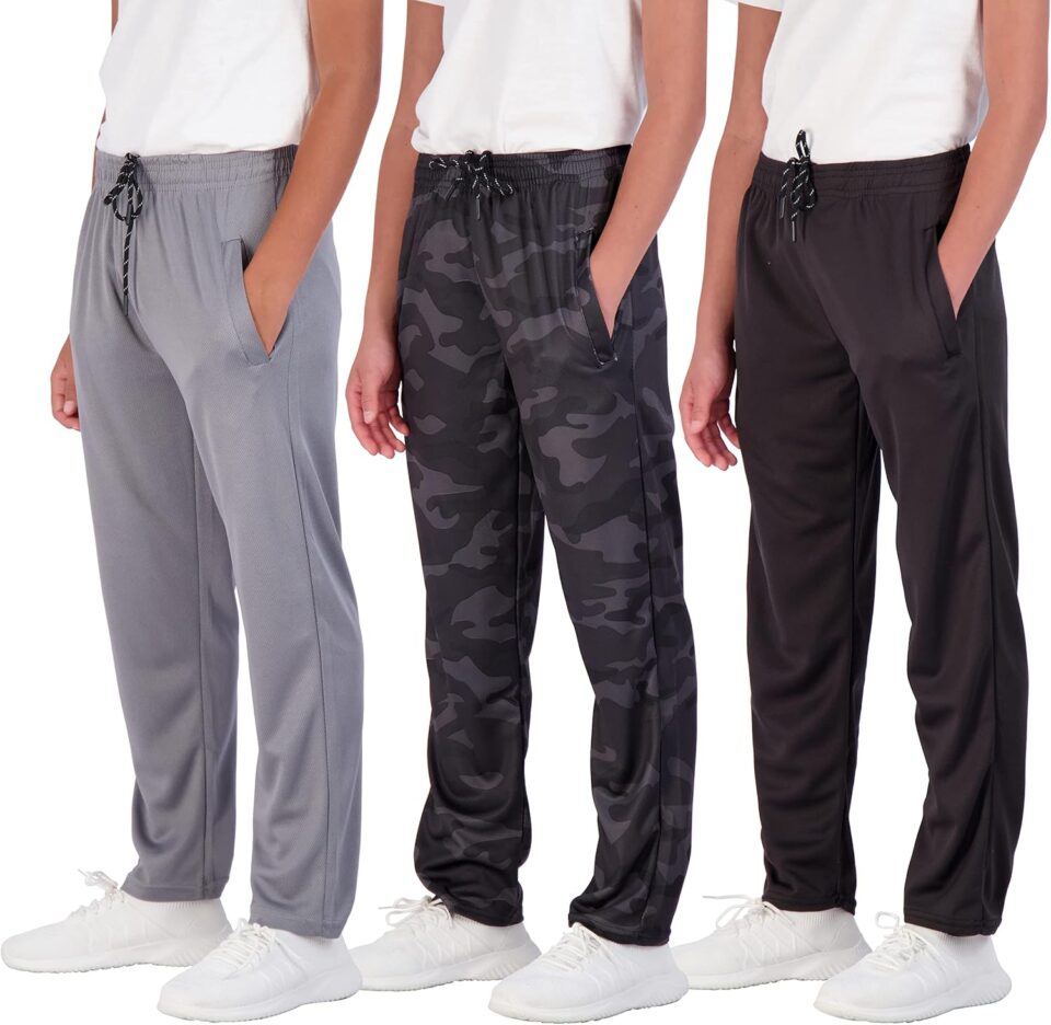 Real Essentials 3 Pack: Boys' Mesh Open Bottom Active Sweatpants with Pockets & Drawstring