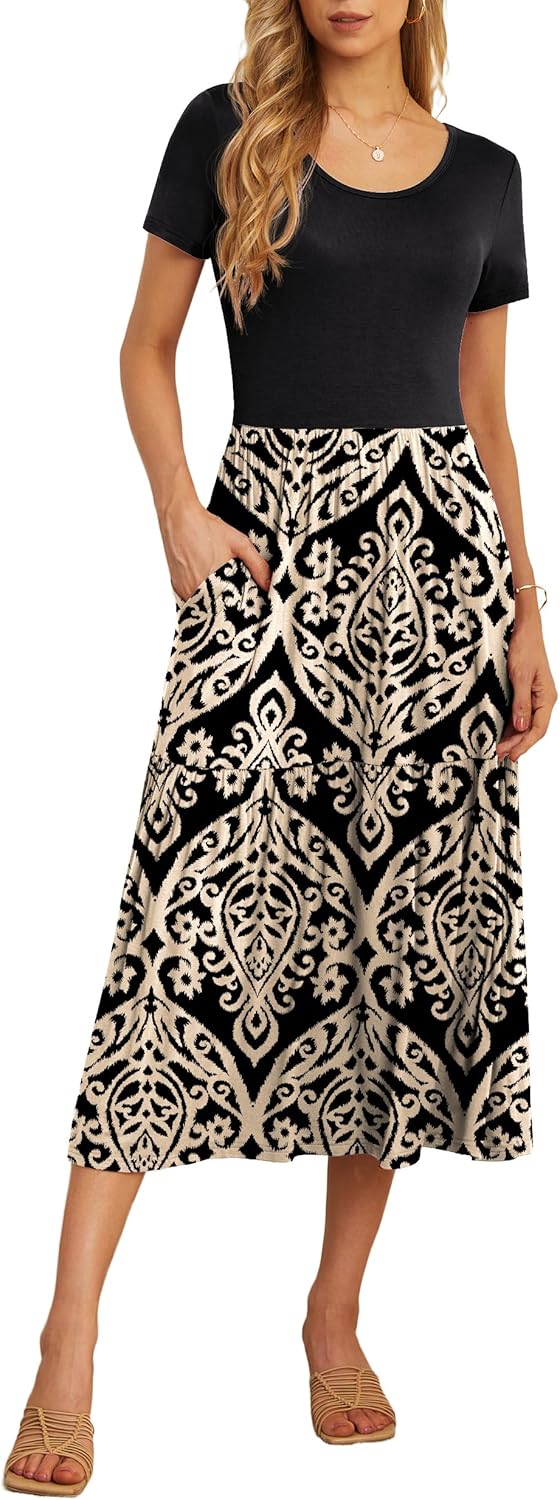 GRECERELLE Women's Summer Casual Crewneck Short Sleeve Aline Tiered Flowy Maxi Dress with Pockets