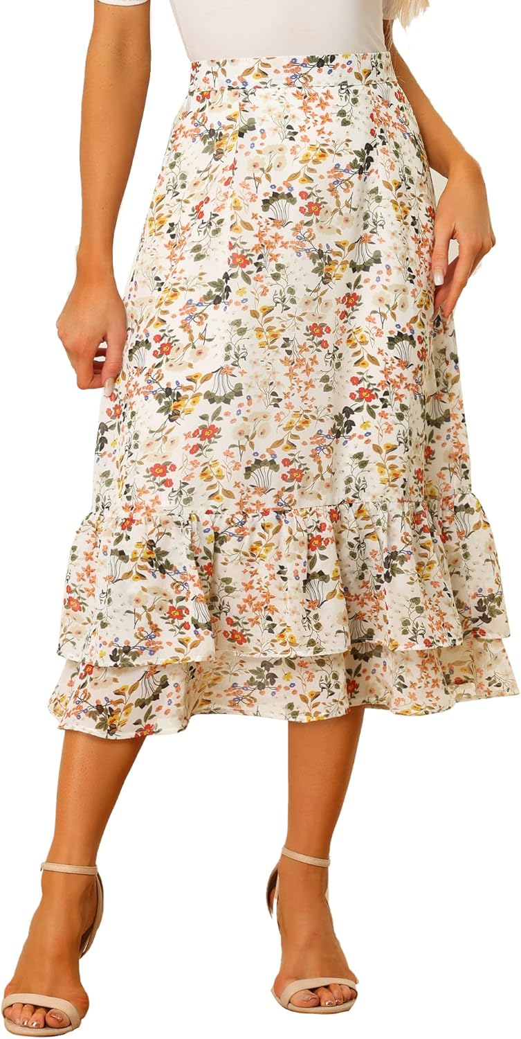 Allegra K Women's Printed Skirt 2025 Trendy Spring Summer Chiffon Elastic Ruffle Tiered Flowy Midi Skirts