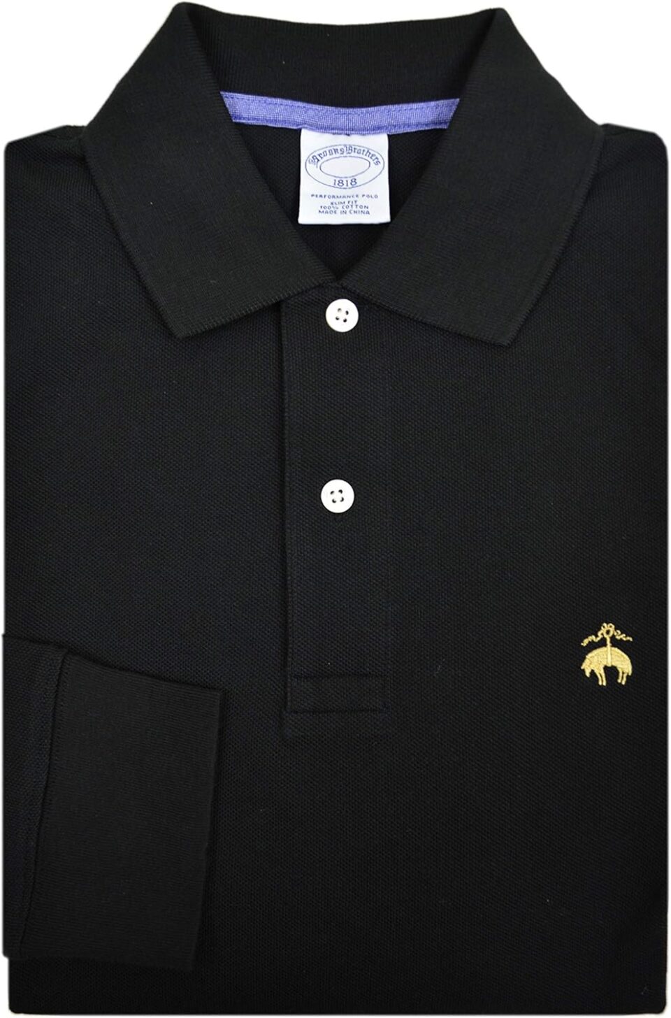 Brooks Brothers Mens Slim Fit All Cotton Long Sleeve Performance Polo Shirt Golden Fleece Embroidery (S, Black)