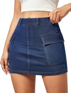 IUGA Jean Skirts for Women Denim High Stretch Cargo Skirt with Shorts Denim Skort Mini Jean Skort Y2k Skirt with Pockets