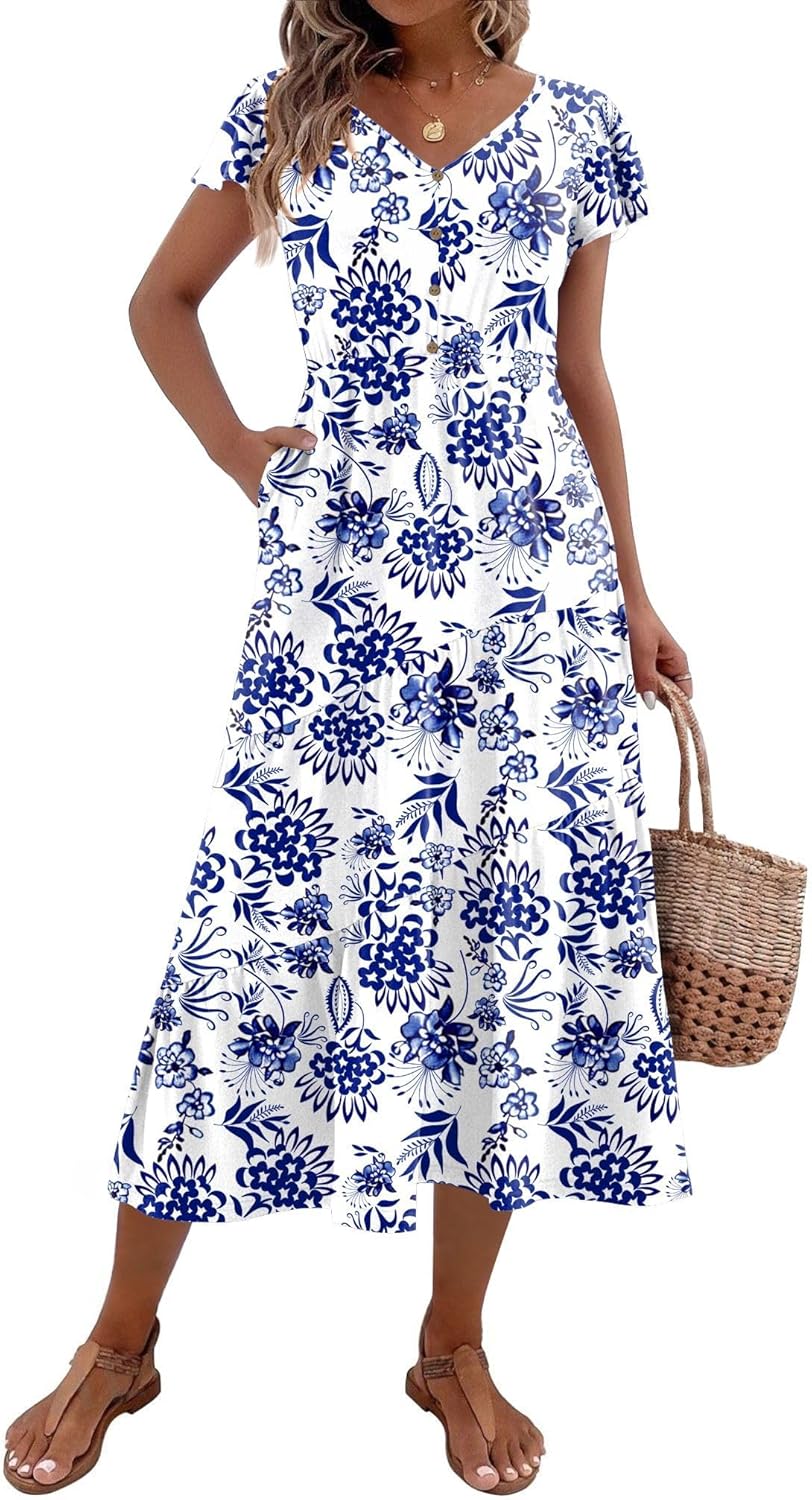 Zeagoo Women's Summer Casual Dress Flutter Short Sleeve V Neck Button Down Tiered Flowy Long Dress with Pockets