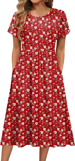 HOTOUCH Women's Summer Short Sleeve A-Line Midi Dresses Casual Floral T-Shirt Dress Flowy Beach Sundress with Pockets