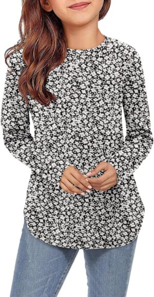 storeofbaby Girls Casual Long Sleeve Shirts Round Neck Tops Loose Fit Tunic Blouses