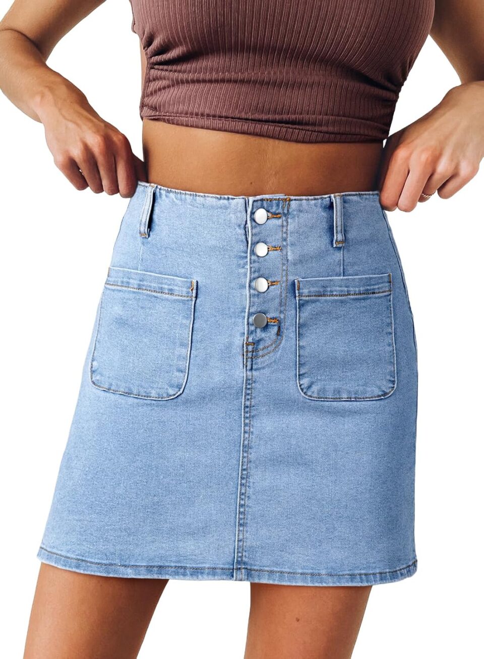 Sidefeel Women's Jean Skirt High Waist Summer Stretch Zimbaplatinum Denim Skirt Button Mini Skirt with Pockets