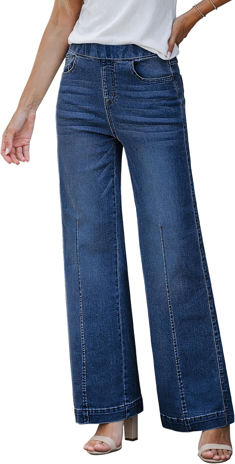 GRAPENT Pull On Womens Jeans Baggy Stretchy High Waisted Denim Wide Leg Trouser Pants Trendy Front Seam 90s Loose Jean