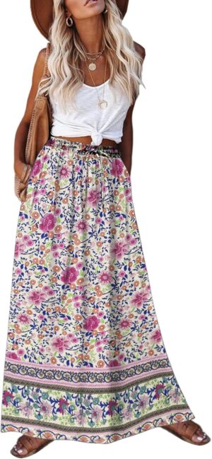 Zeagoo Women's 2025 Boho Floral Skirt Casual Elastic High Waist Maxi Skirts Flowy A Line Beach Long Skirt with Side Pockets