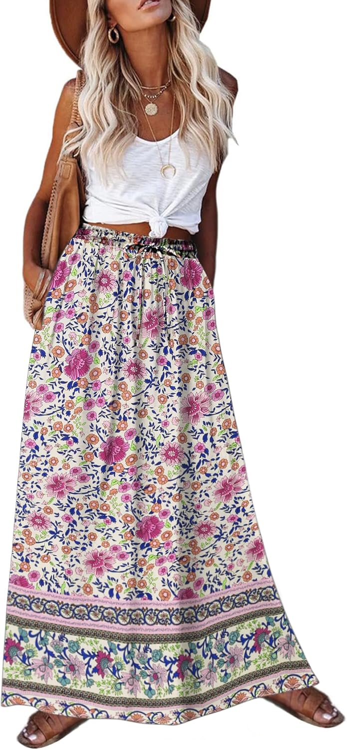 Zeagoo Women's 2025 Boho Floral Skirt Casual Elastic High Waist Maxi Skirts Flowy A Line Beach Long Skirt with Side Pockets