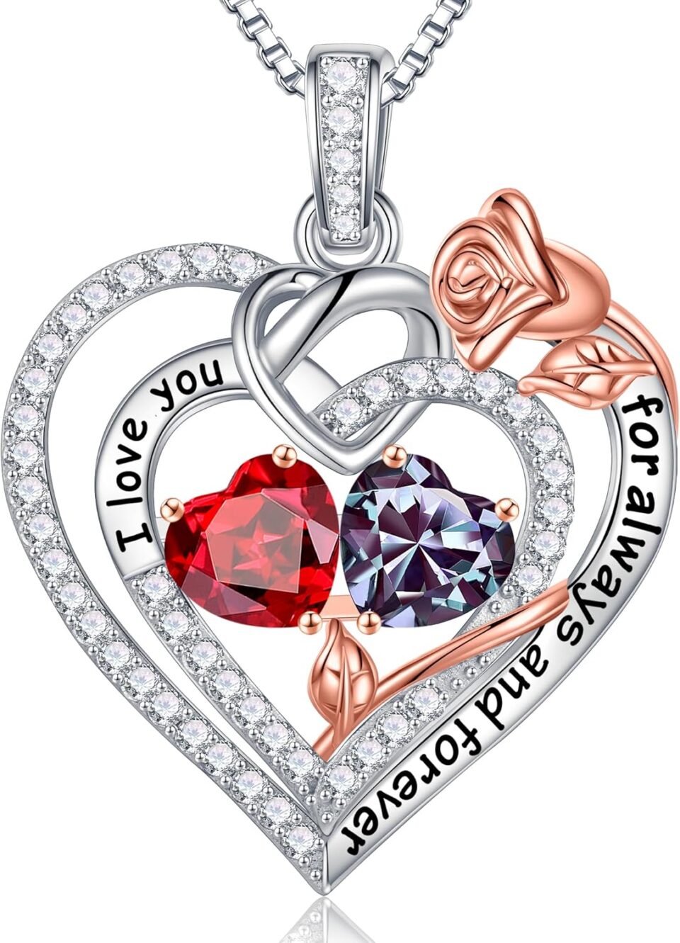 Iefil Rose Heart Necklace Gifts for Wife Women - 925 Sterling Silver Double Birthstone Necklace, Anniversary Birthday Gifts for Women, Jewelry Gift for Wife Girlfriend Mom Her