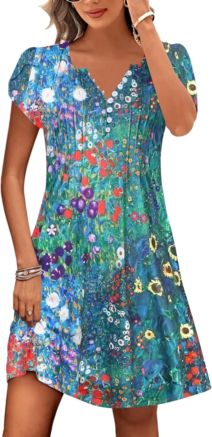 Disamer Womens Casual Dresses Short Sleeve Summer Dresses 2025 Boho Floral Beach Sundresses Spring A-Line Dress with Pockets