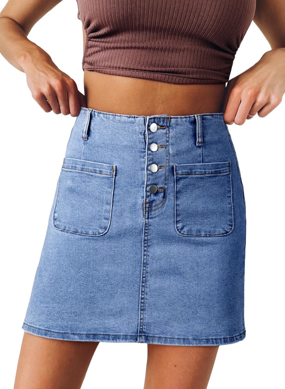 Sidefeel Women's Jean Skirt High Waist Summer Stretch Zimbaplatinum Denim Skirt Button Mini Skirt with Pockets