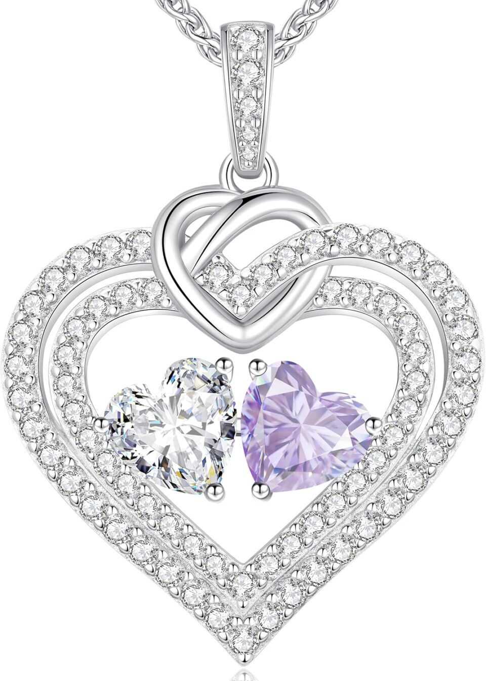 LOUISA SECRET Sparkling Double Heart Birthstone Necklaces for Women, 925 Sterling Silver Fine Jewelry, Pendant Heart Necklaces Birthday Anniversary Christmas Gift for Women Wife Mom Girlfriend Lady
