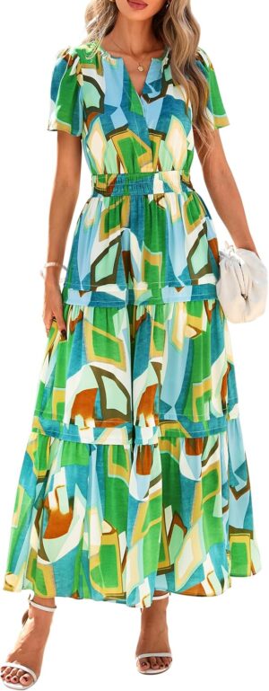 PRETTYGARDEN Women's 2025 Summer Boho Maxi Dresses Floral Short Sleeve V Neck A Line Tiered Flowy Long Beach Vacation Dress