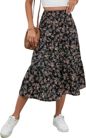 Milumia Women's Floral Print Ruffle Hem A Line High Waist Flare Flowy Midi Skirts
