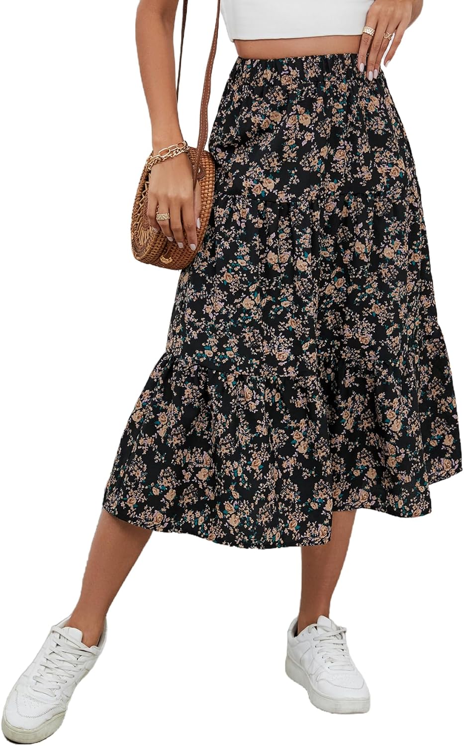 Milumia Women's Floral Print Ruffle Hem A Line High Waist Flare Flowy Midi Skirts