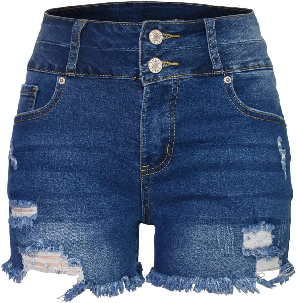 Aodrusa Jean Shorts Womens High Waisted Stretchy Mom Two Buttons Frayed Raw Hem Ripped Denim Shorts Distressed