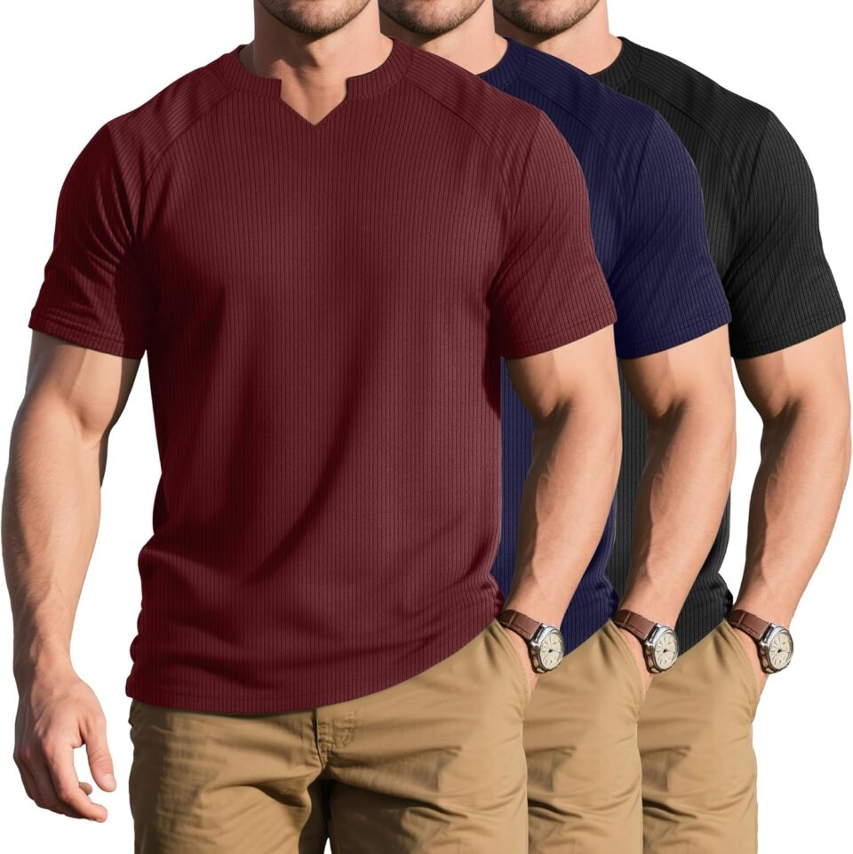 Neer 3 Pack Men's Big and Tall T Shirts Fit Ribbed V Neck Short Sleeves Henley Tops Muscle Gym Summer Basic Tee