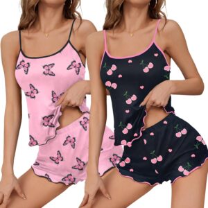 Ekouaer 2 Pack Womens Cami Pajama Sets Cute Print Tank Top Pjs and Shorts Camisole Lounge Set