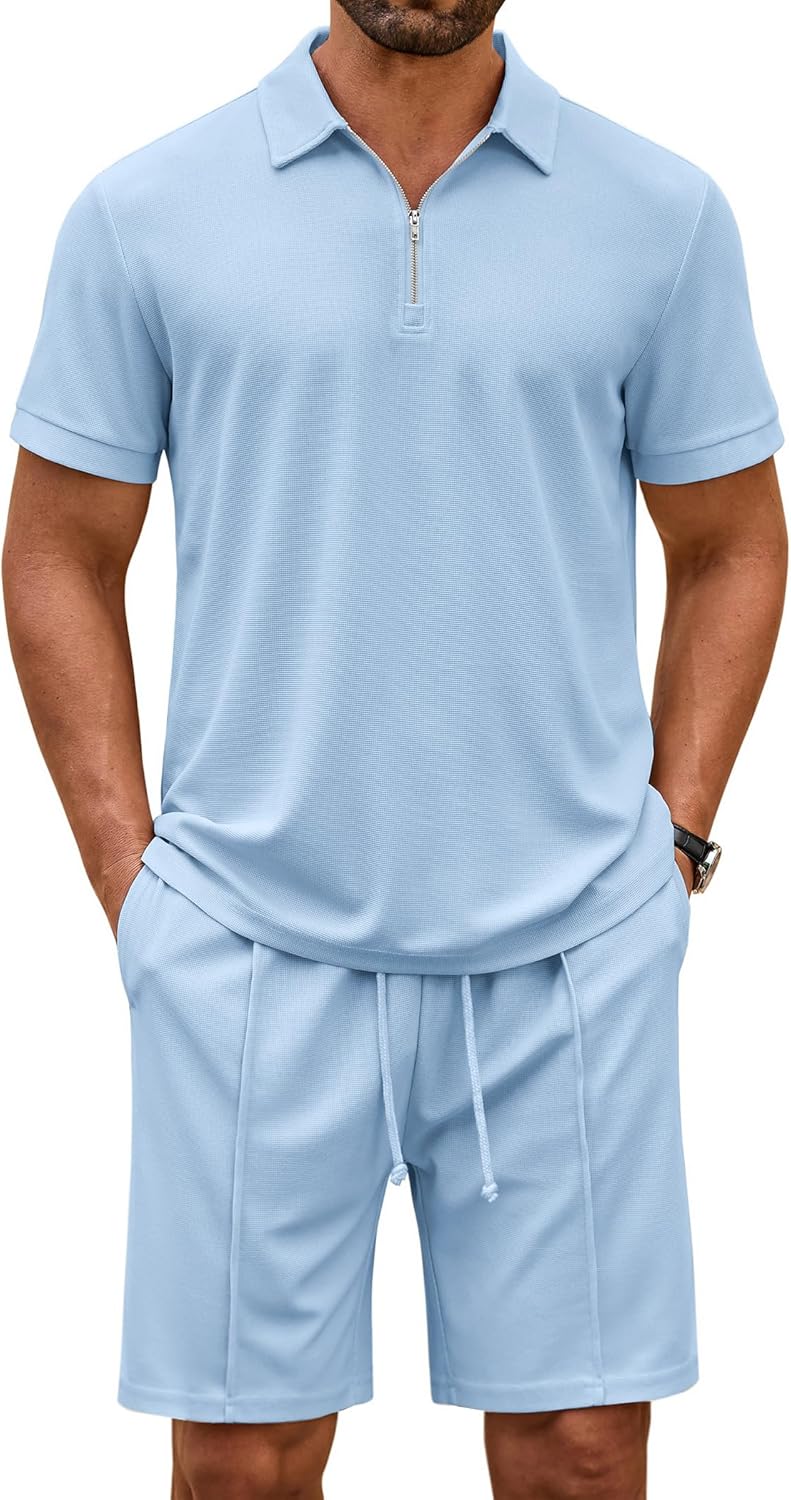 COOFANDY Men's Track Suits 2 Piece Set Quarter Zip Polo Shirt and Shorts Set Summer Casual Outfits