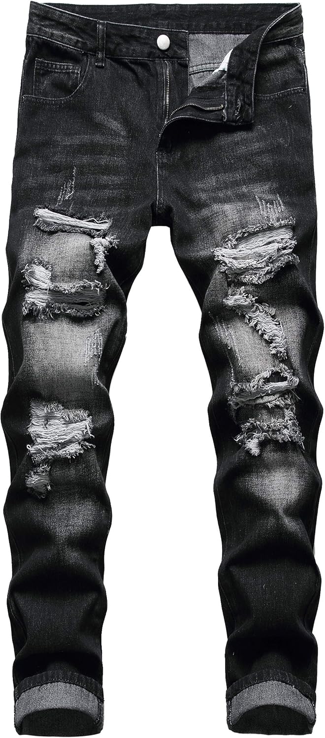 Men's Ripped Jeans,Slim Fit Distressed Straight Leg Fashion Denim Pants