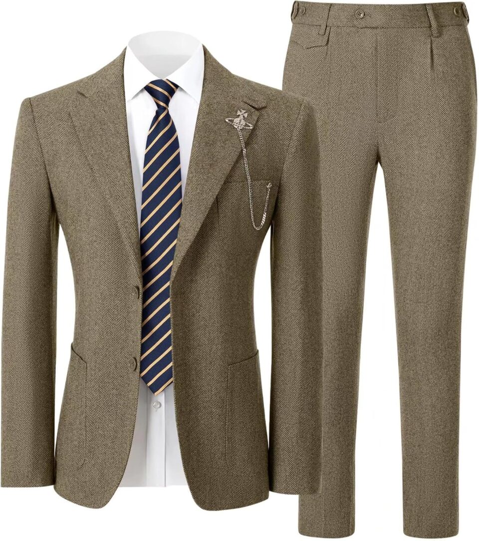 Retro Mens 2 Pieces Suit Tweed Herringbone Suit Men Slim Fit Wool Jacket Pants Set Wedding Groom Prom Tuxedo for Men