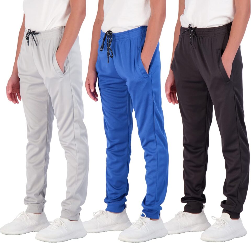 Real Essentials 3 Pack: Boy's Mesh Active Athletic Casual Jogger Sweatpants with Pockets