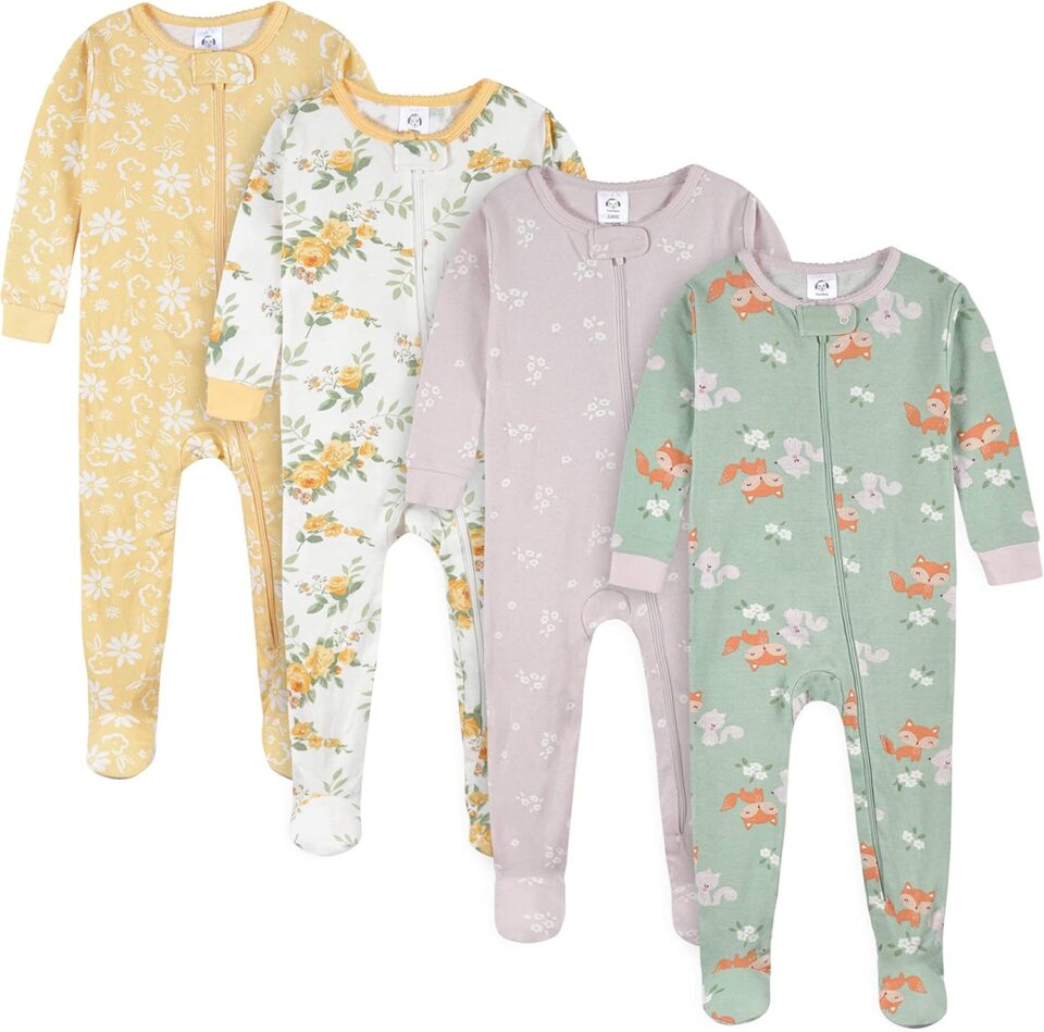 Gerber Baby Girls' 4-Pack Footed Pajamas