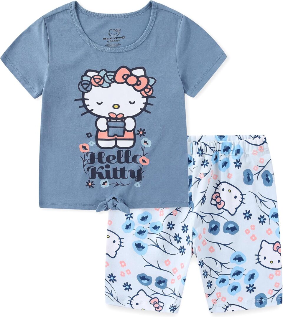 Hello Kitty Sanrio Girls 2 Piece Short Sleeve T-Shirt and Bike Shorts Set for Big Kids