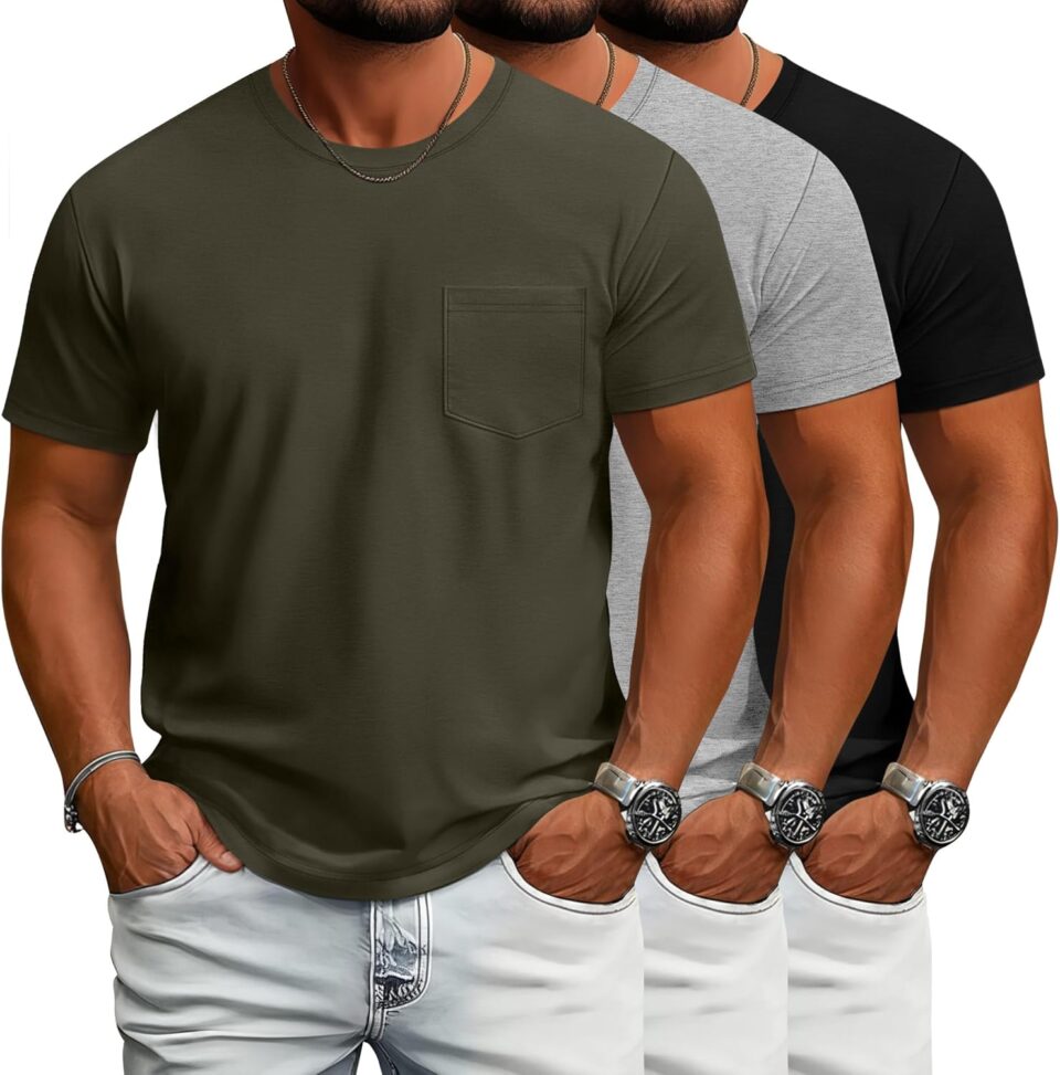 Ficerd 3 Pack Men's Big and Tall T Shirt, Short Sleeve Pocket Cotton Tee Crew Neck Lightweight Tops Solid Loose Fit Shirts(Black, Army Green, Light Mixed Gray,3X-Large)