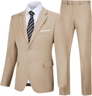 Men's Slim Fit 2 Piece Suit, Two Button Solid Suit Jacket Pants Set, Wedding Prom Suit