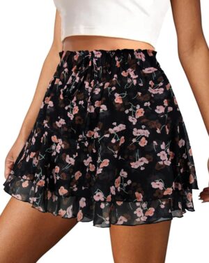 Mini Skirts for Women 2025 Casual Boho Floral Skorts Layered Hem A-Line Tennis Chiffon Shorts