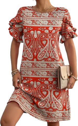 HOTOUCH Womens Summer Dress 2025 Short Sleeve A-Line Mini Dress Casual Crew Neck Shift Dress Beach Sundress with Pockets