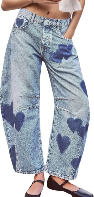 LifeShe Women's Wide Leg Baggy Jeans Low Waist Heart Barrel Loose Denim Pants