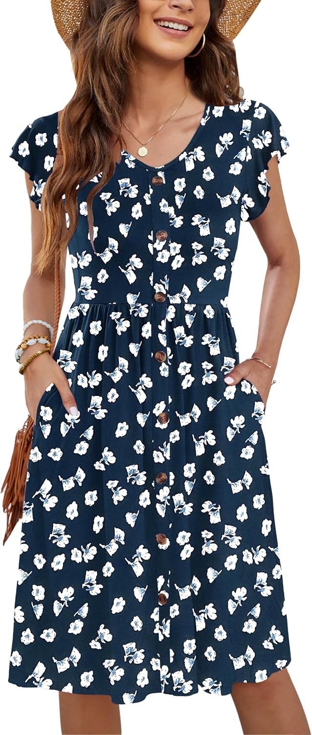 WNEEDU Women Summer Dresses Sleeveless Casual Loose Swing Button Down Midi Dress with Pockets